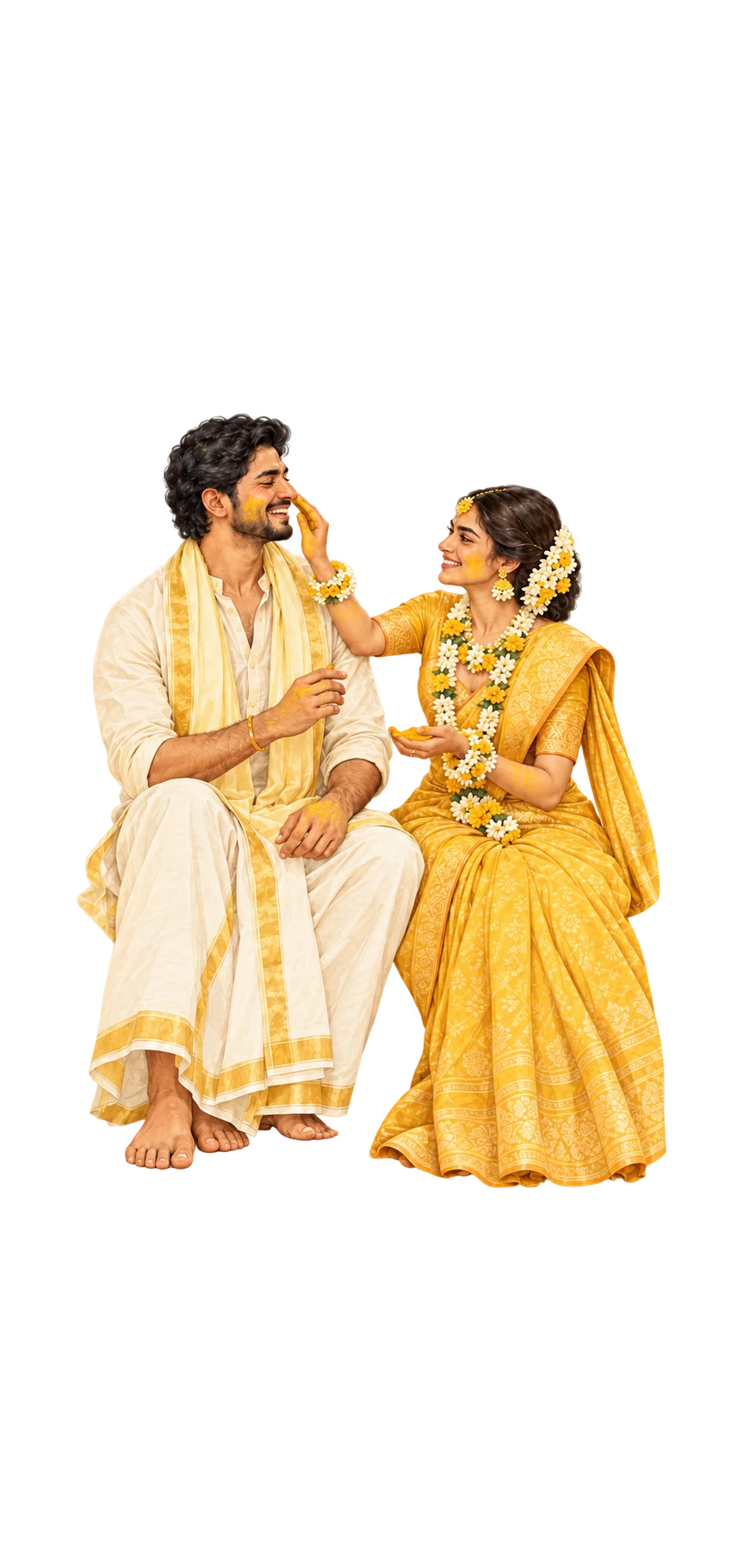 The illustrated bride playfully applies turmeric to the laughing groom at a marigold-filled Haldi celebration
