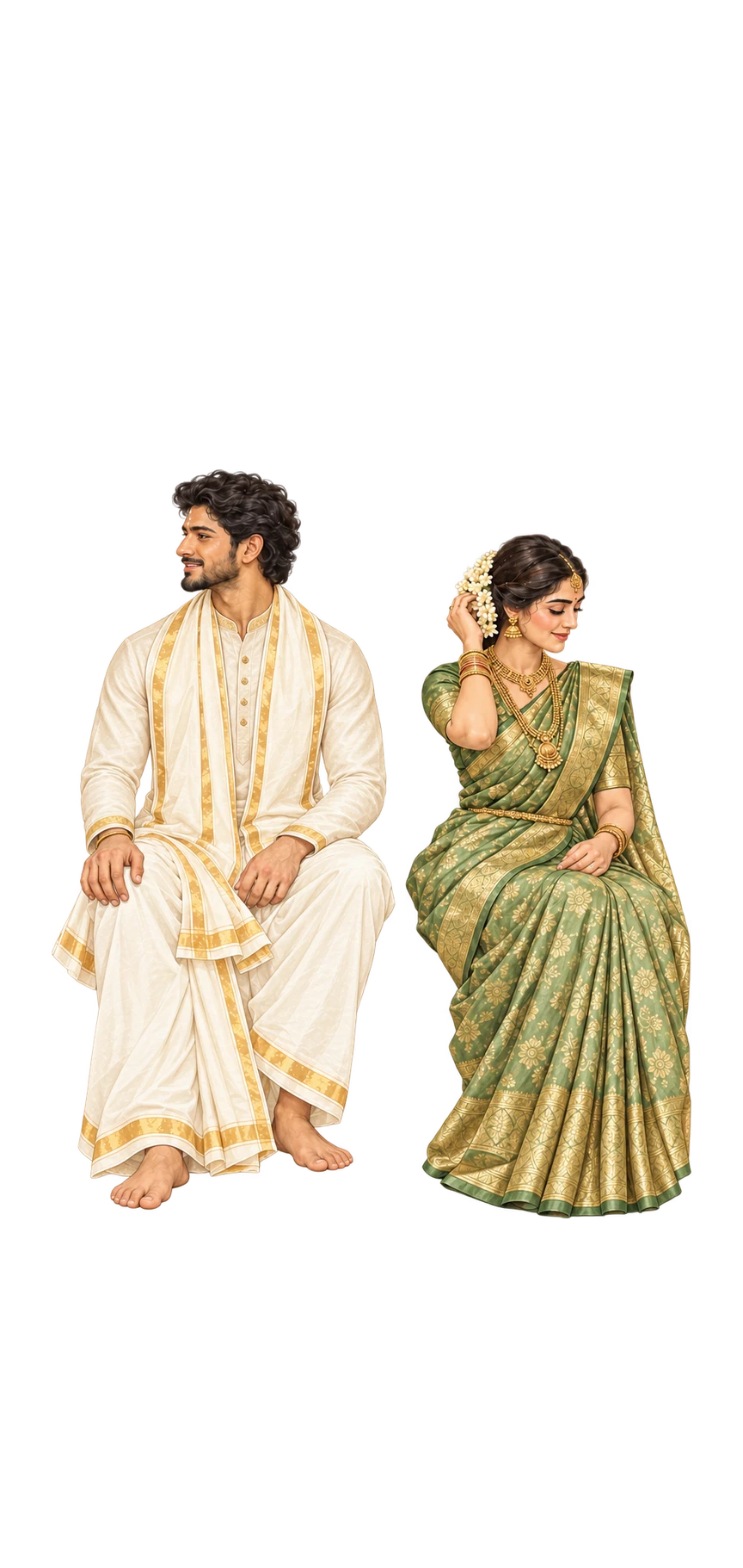 The illustrated bride adjusts her jasmine while the groom looks outward, seated separately in a Telugu courtyard