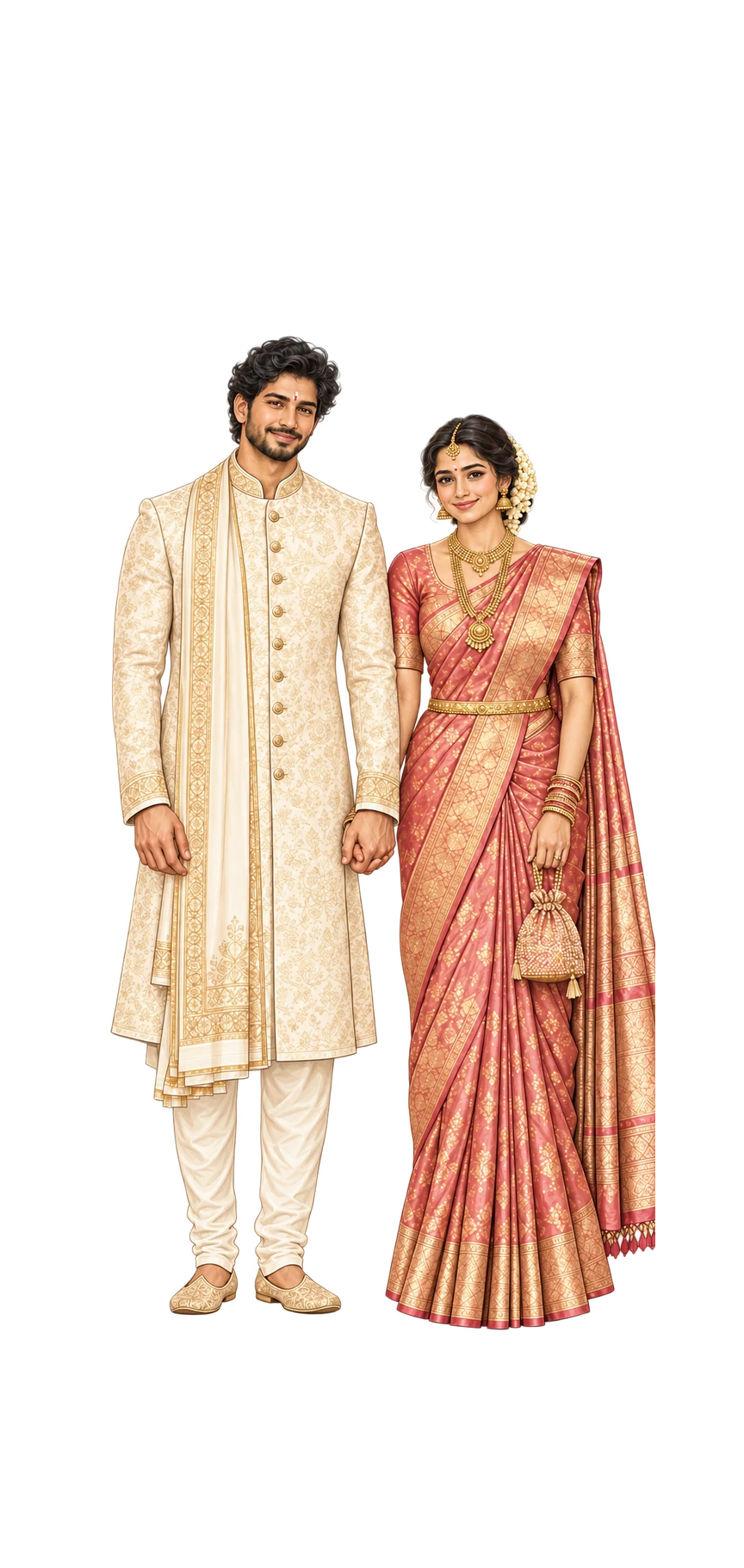 The illustrated couple stands facing their guests, smiling and holding hands on a burgundy and champagne reception stage