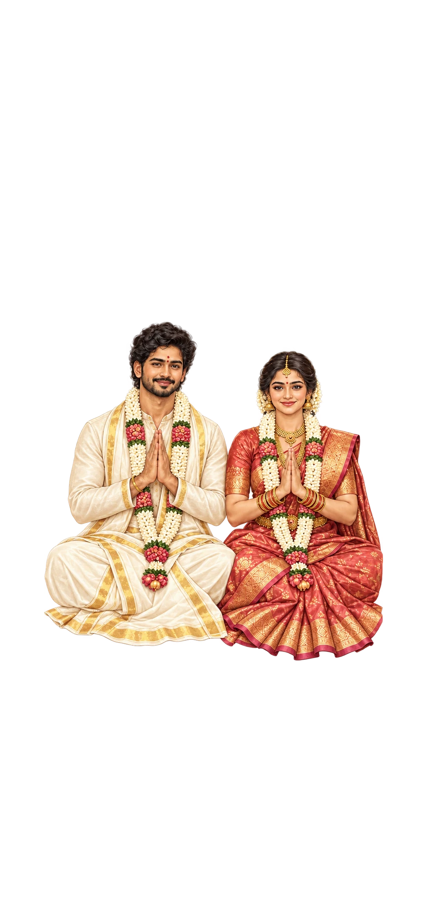The illustrated couple sits cross-legged with palms together in namaste beneath a wedding mandapam before dawn